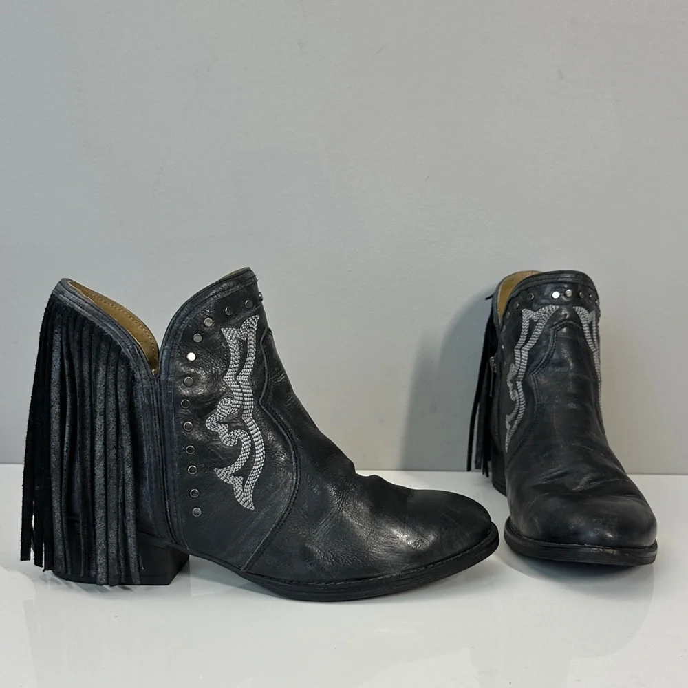 Black Leather Fringe Studded Cowboy Ankle Boots